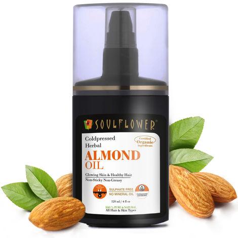 soulflower coldpressed herbal almond oil glowing skin and healthy hair, non-sticky, non-greasy, sulphate free, no mineral oil, all hair & skin types, 120ml