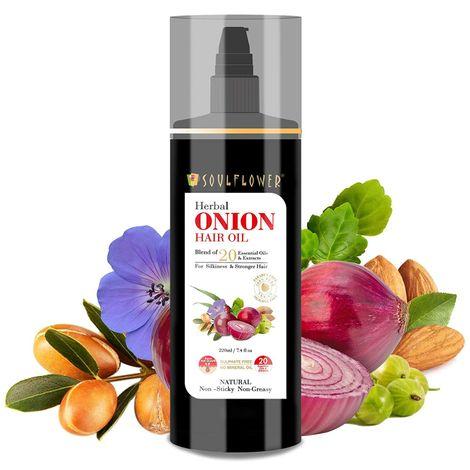soulflower herbal onion hair growth oil blend of 20 essential oils & extract, for silkiness & stronger hair, 220ml