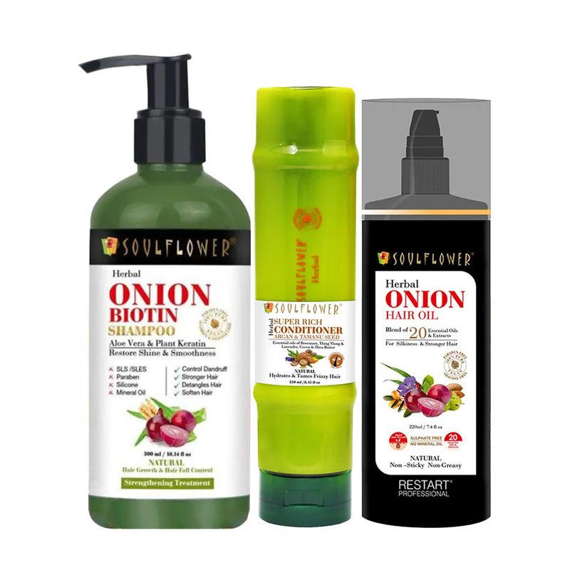 soulflower onion oil, onion biotin shampoo & conditioner- hair growth & hair fall control set