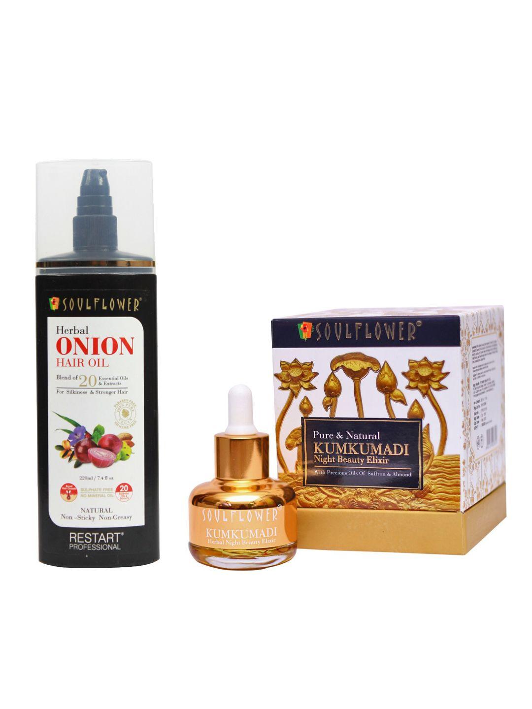 soulflower unisex set of 2 sustainable onion hair growth oil 220ml & kumkumadi night beauty elixir