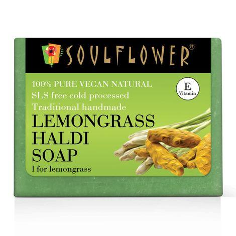 soulflower lemongrass haldi soap for velvety soft skin , 100% pure & natural, handmade, sls free, cold processed, 150g