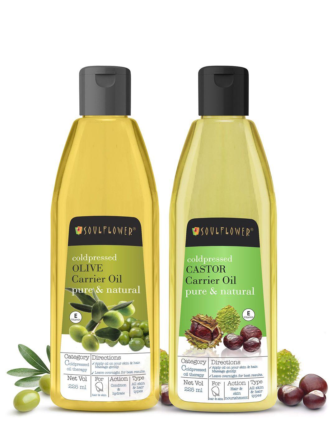 soulflower set of 100% pure natural castor & olive oils for skin & hair - 225ml each
