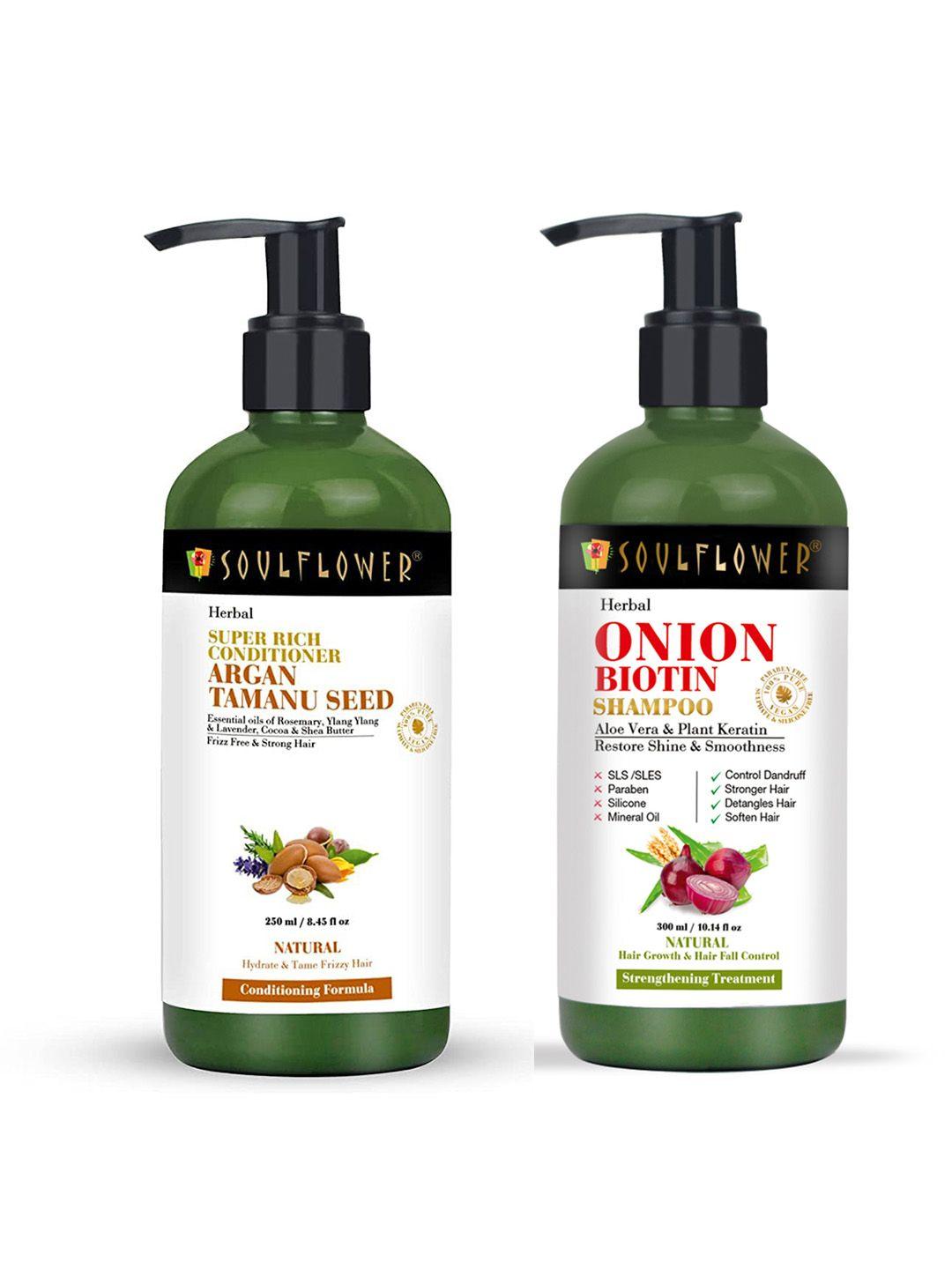 soulflower set of argan & tamanu rich conditioner 250 ml & onion biotin shampoo 300 ml