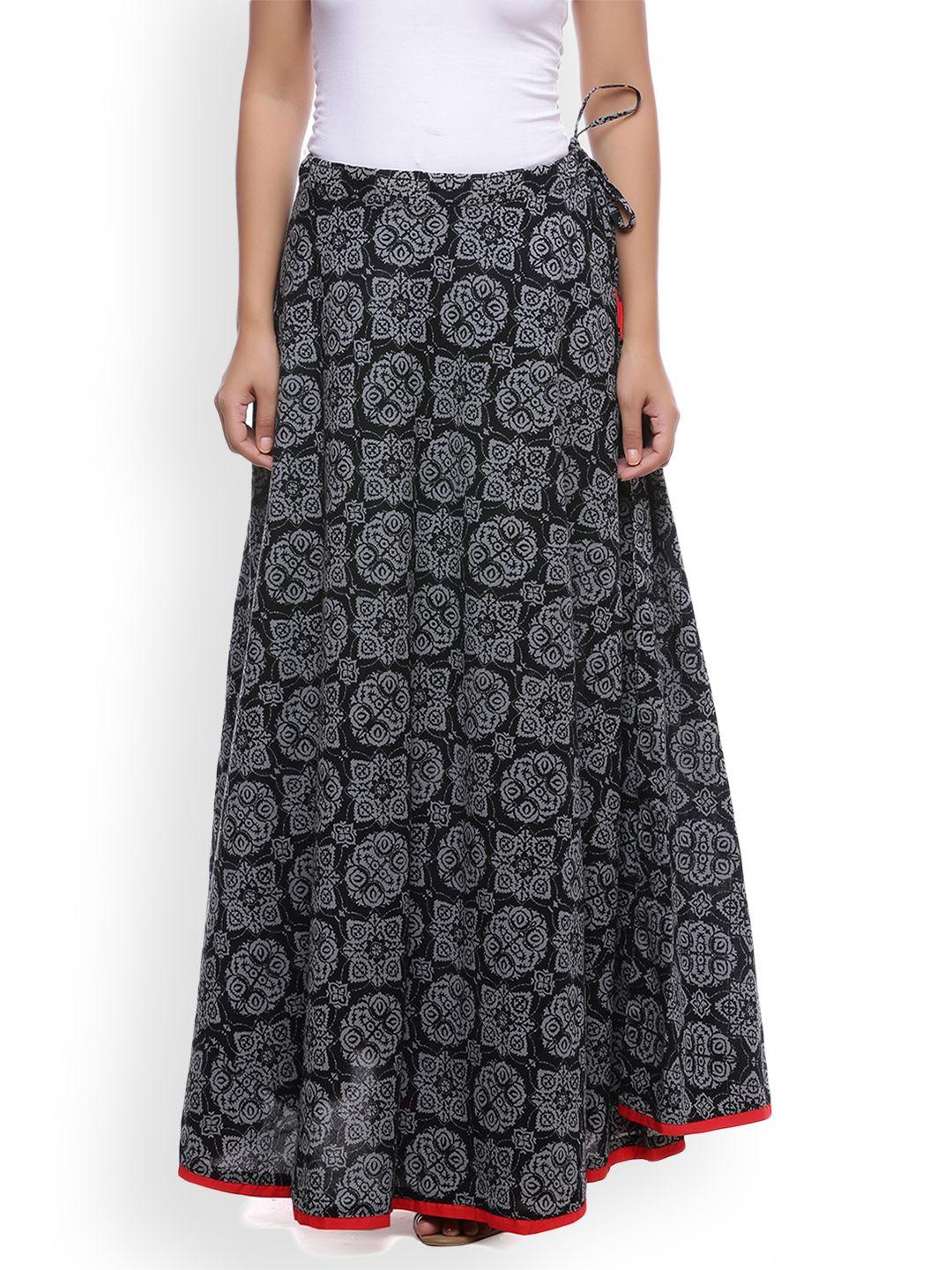 soundarya black ethnic print flared maxi pure cotton skirt
