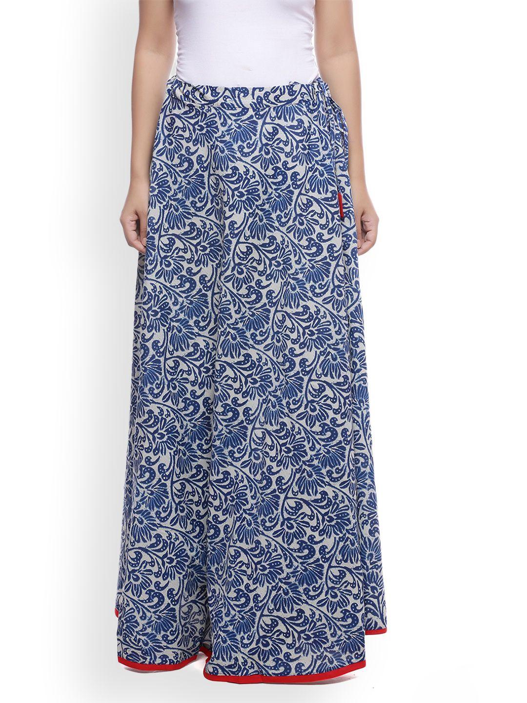 soundarya blue floral print flared maxi pure cotton skirt