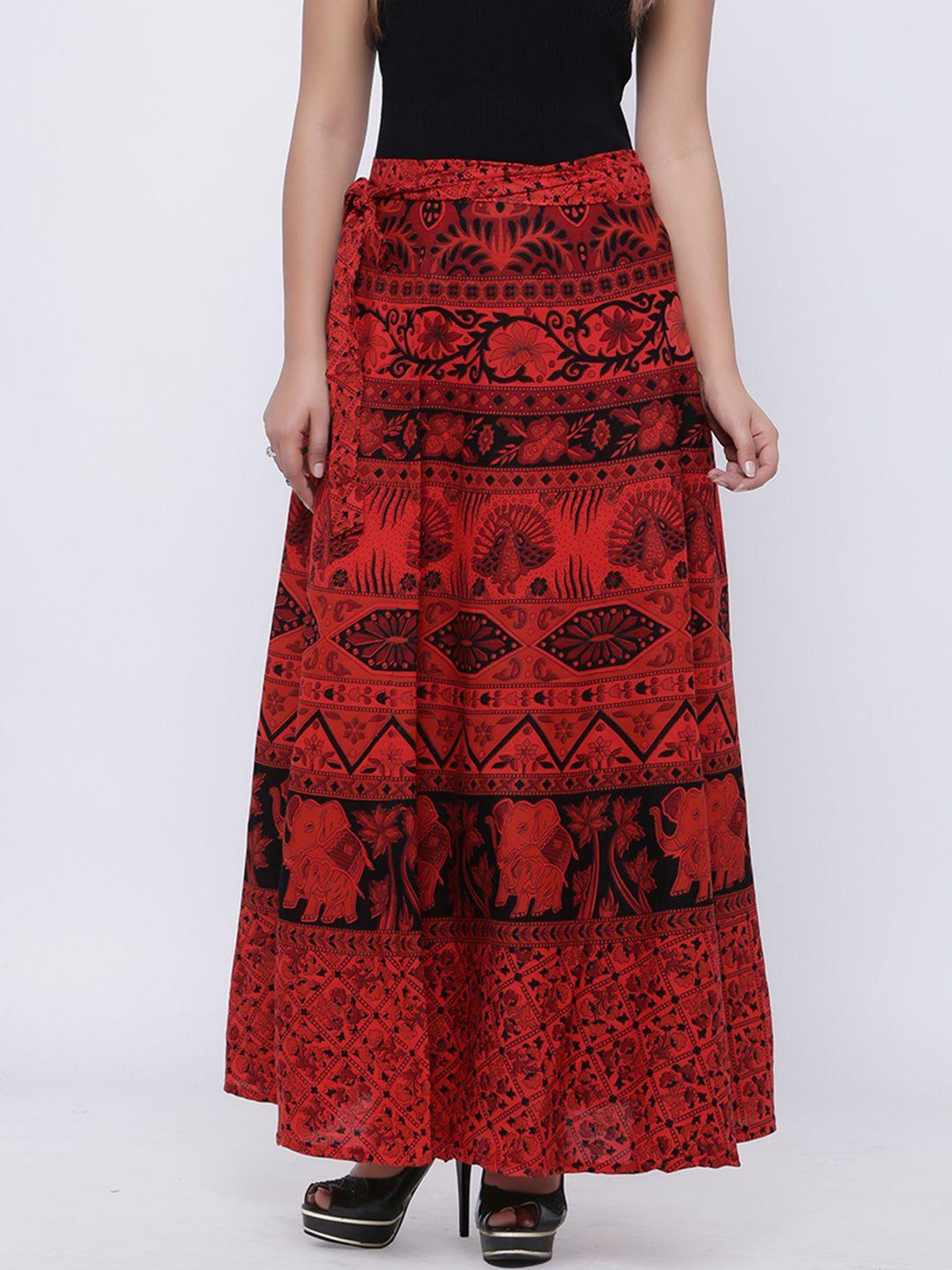 soundarya coral red & black printed wrap-around maxi pure cotton skirt