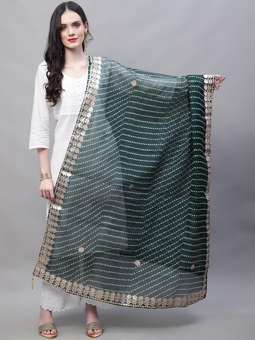 soundarya green & white printed pure cotton block print dupatta with gotta patti