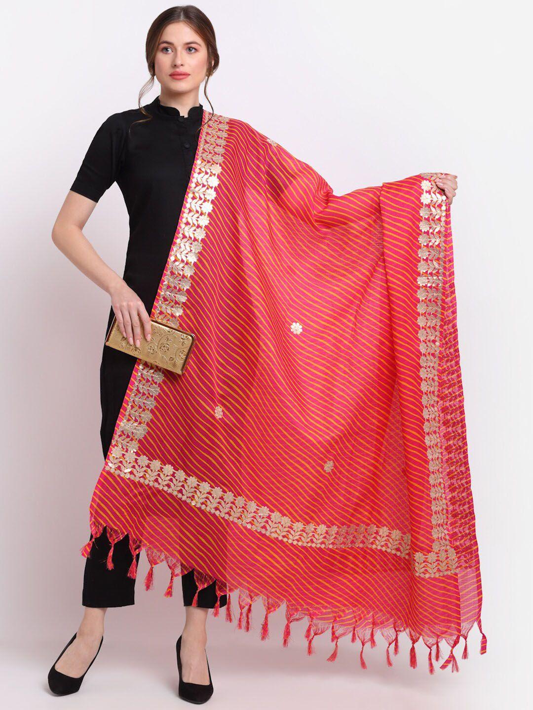 soundarya red & gold-toned striped pure cotton leheriya dupatta with gotta patti