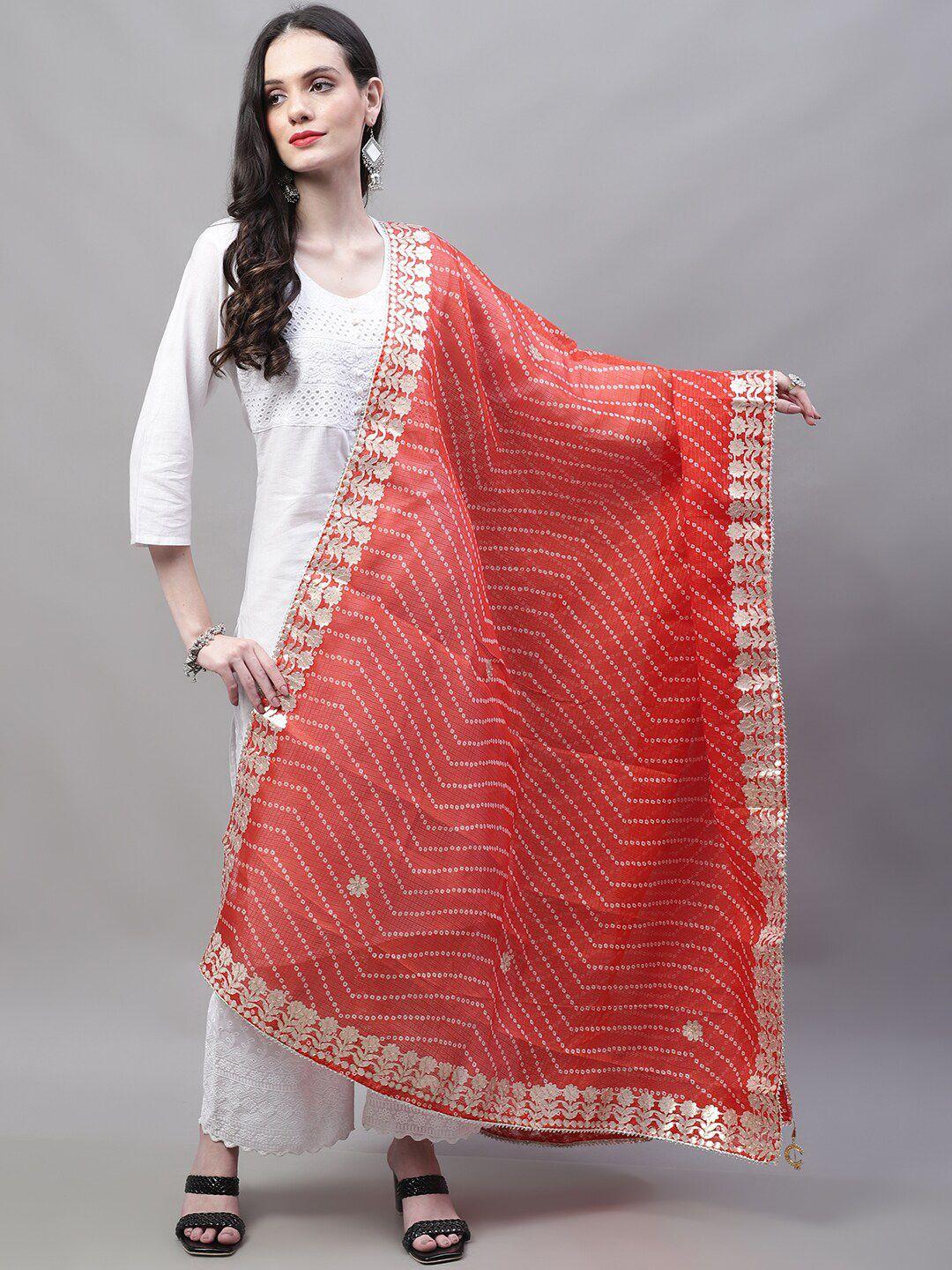soundarya red & white printed pure cotton dupatta with gotta patti