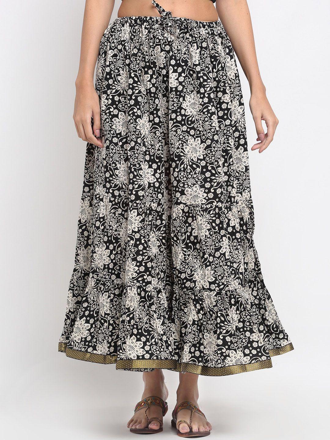 soundarya women black & white printed cotton a-line maxi skirt