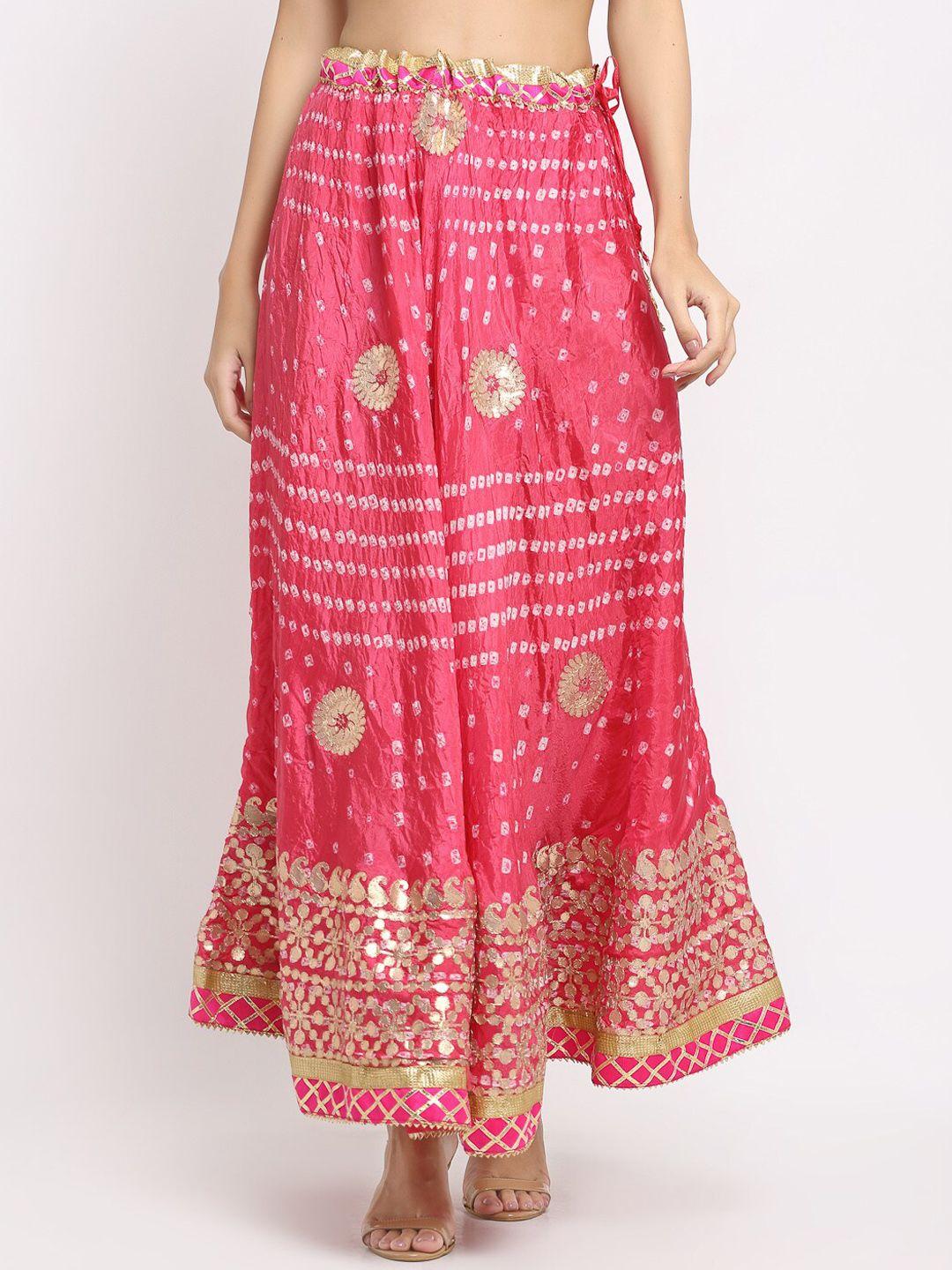 soundarya women coral pink & white bandhej printed flared maxi skirt