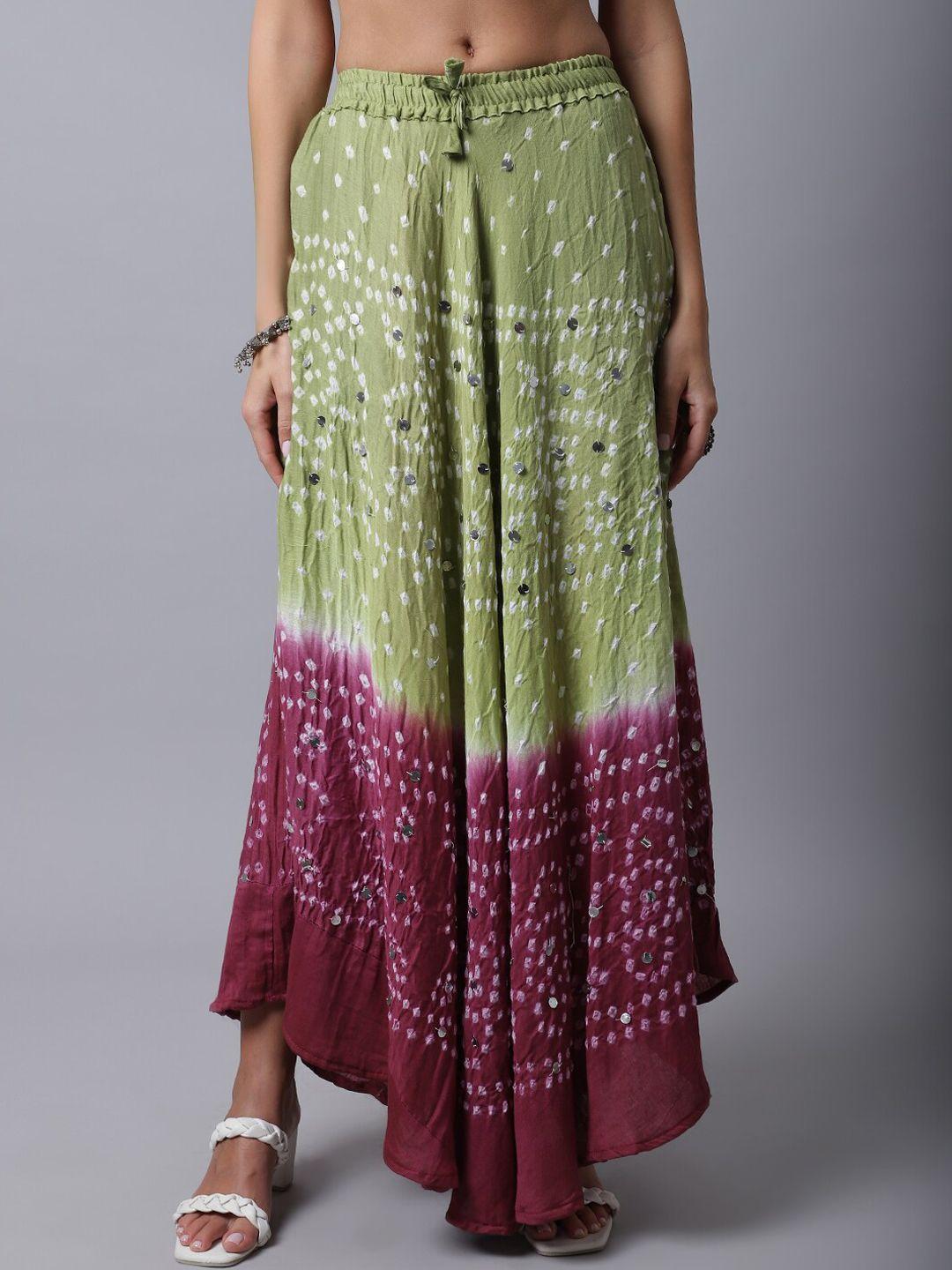 soundarya women green & purple hand tie-dye bandhani cotton maxi skirts