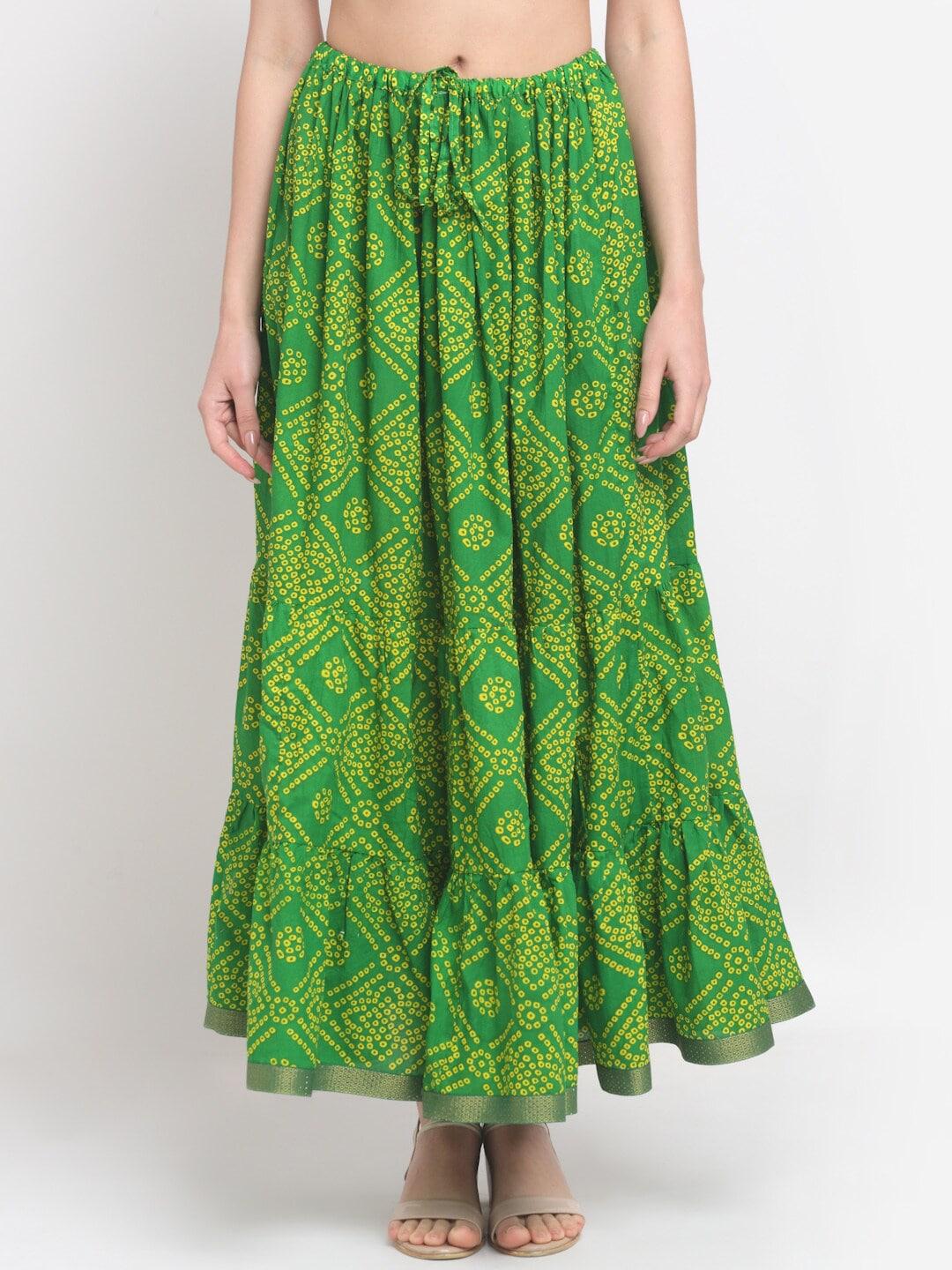 soundarya women green printed cotton flared maxi skirt