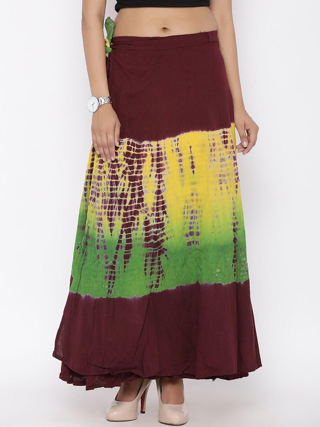 soundarya women maroon & yellow tie and dye printed pure cotton maxi wrap skirt