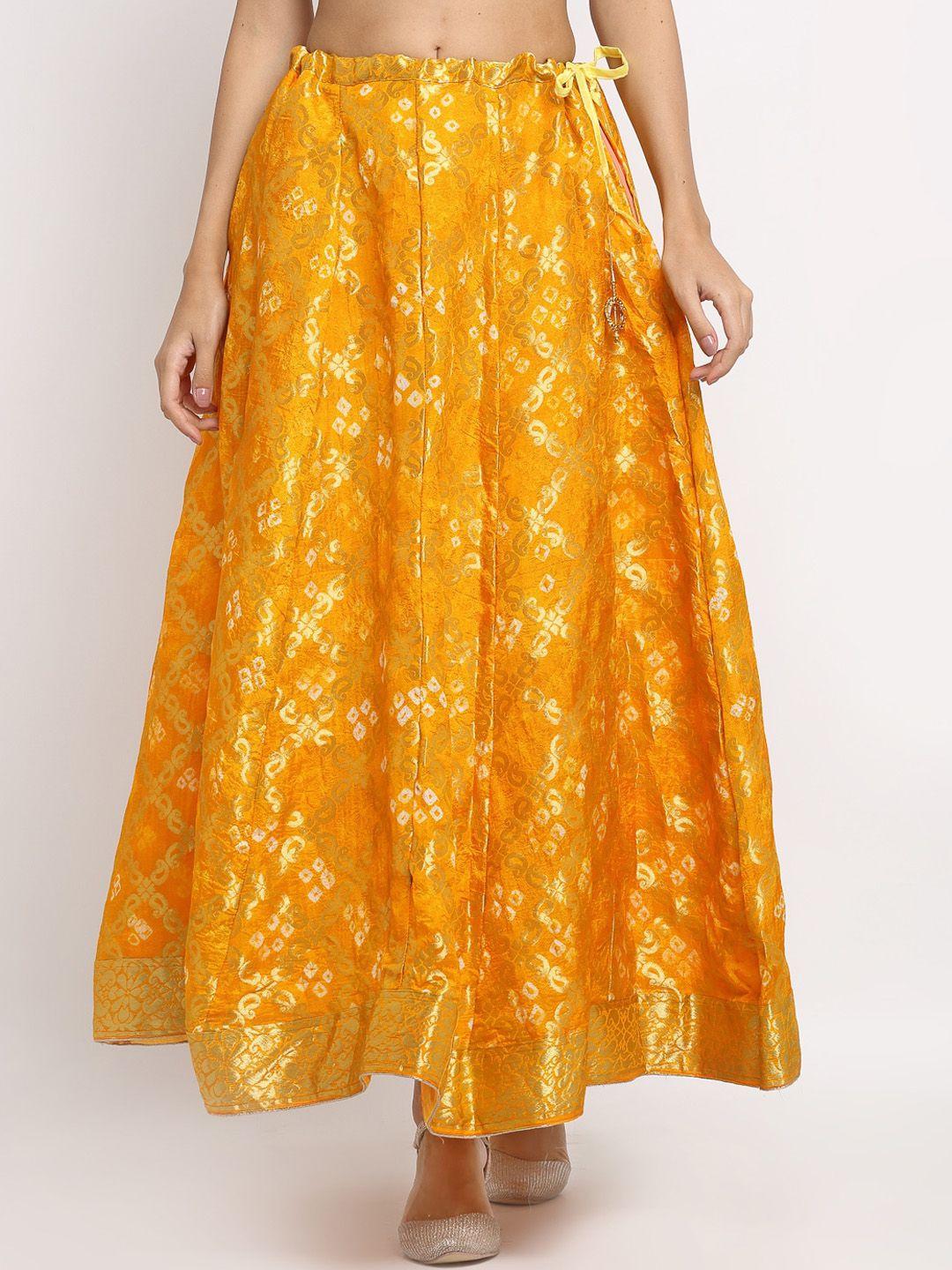 soundarya women mustard yellow & golden woven design banarasi flared maxi skirt