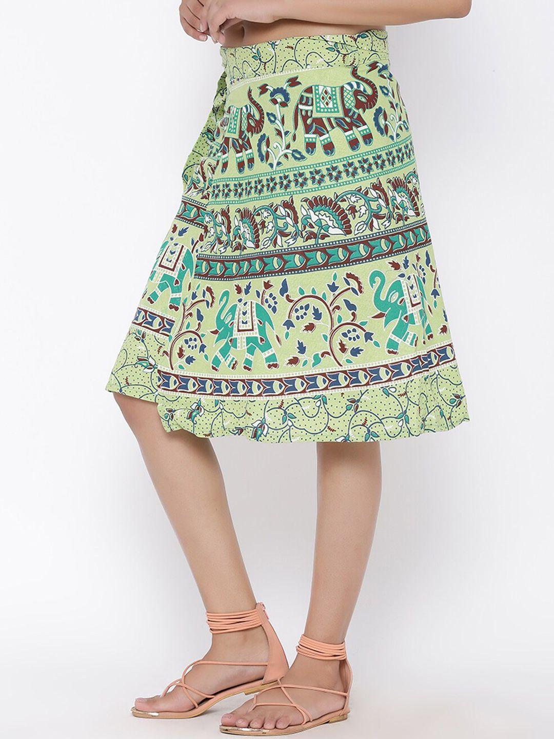 soundarya women olive printed wrap-around knee-length skirt