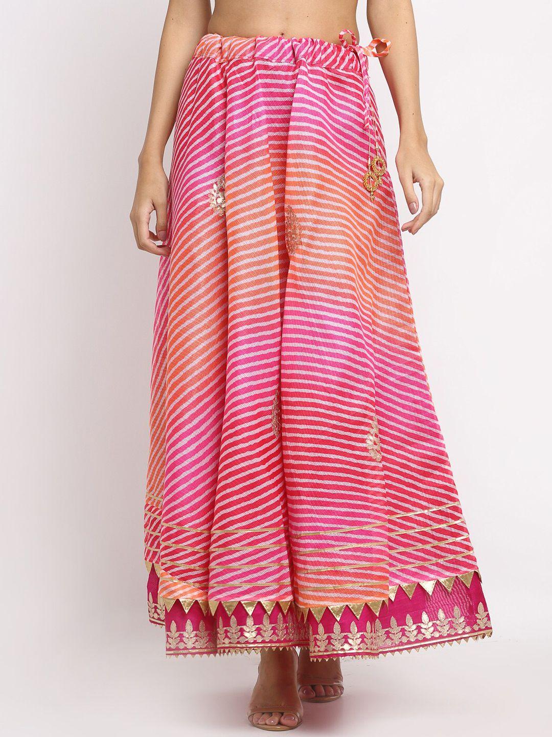 soundarya women pink & orange cotton kota doriya leheriya print flared maxi skirt