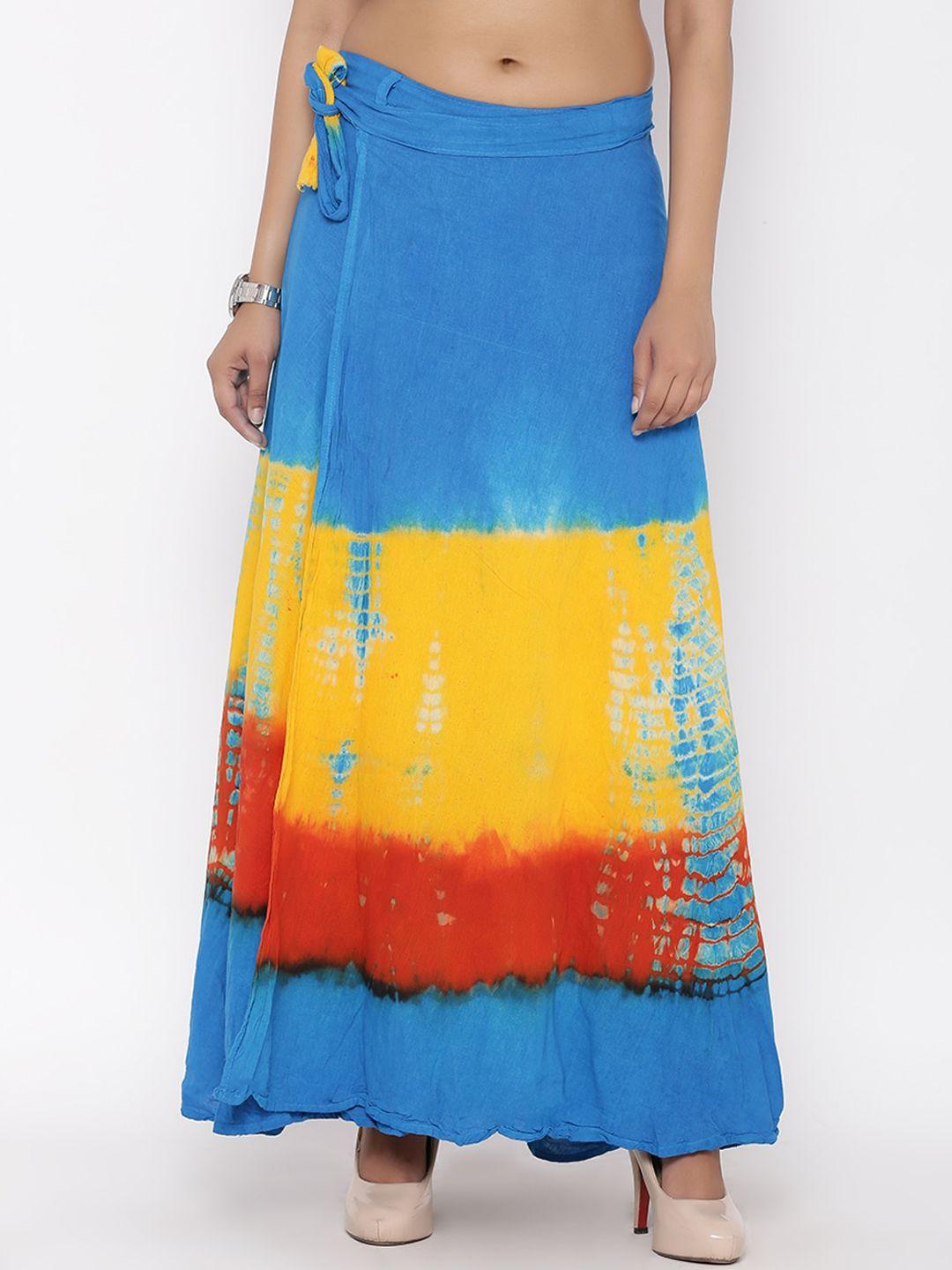 soundarya women turquoise blue & yellow tie and dye printed pure cotton maxi wrap skirt