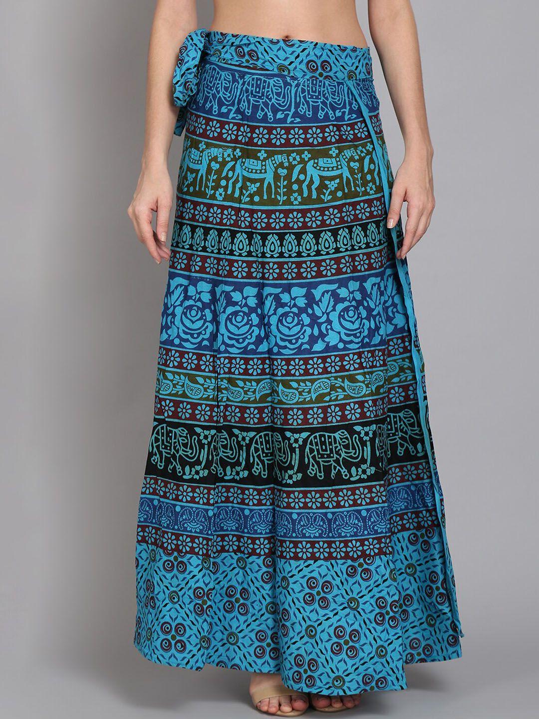 soundarya women turquoise blue ethnic print wrap-around maxi skirt