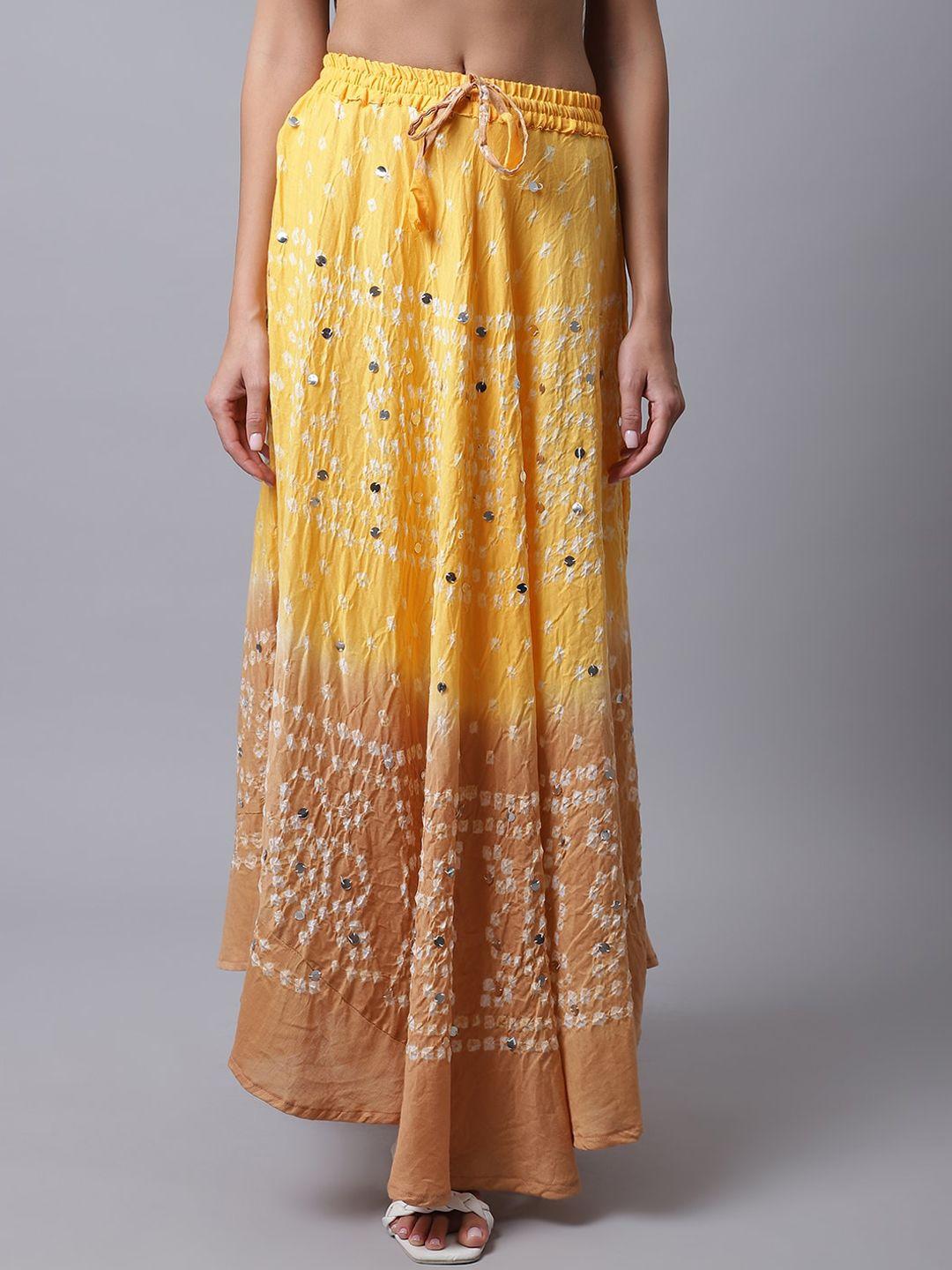 soundarya women yellow & beige bandhani dyed flared cotton skirt