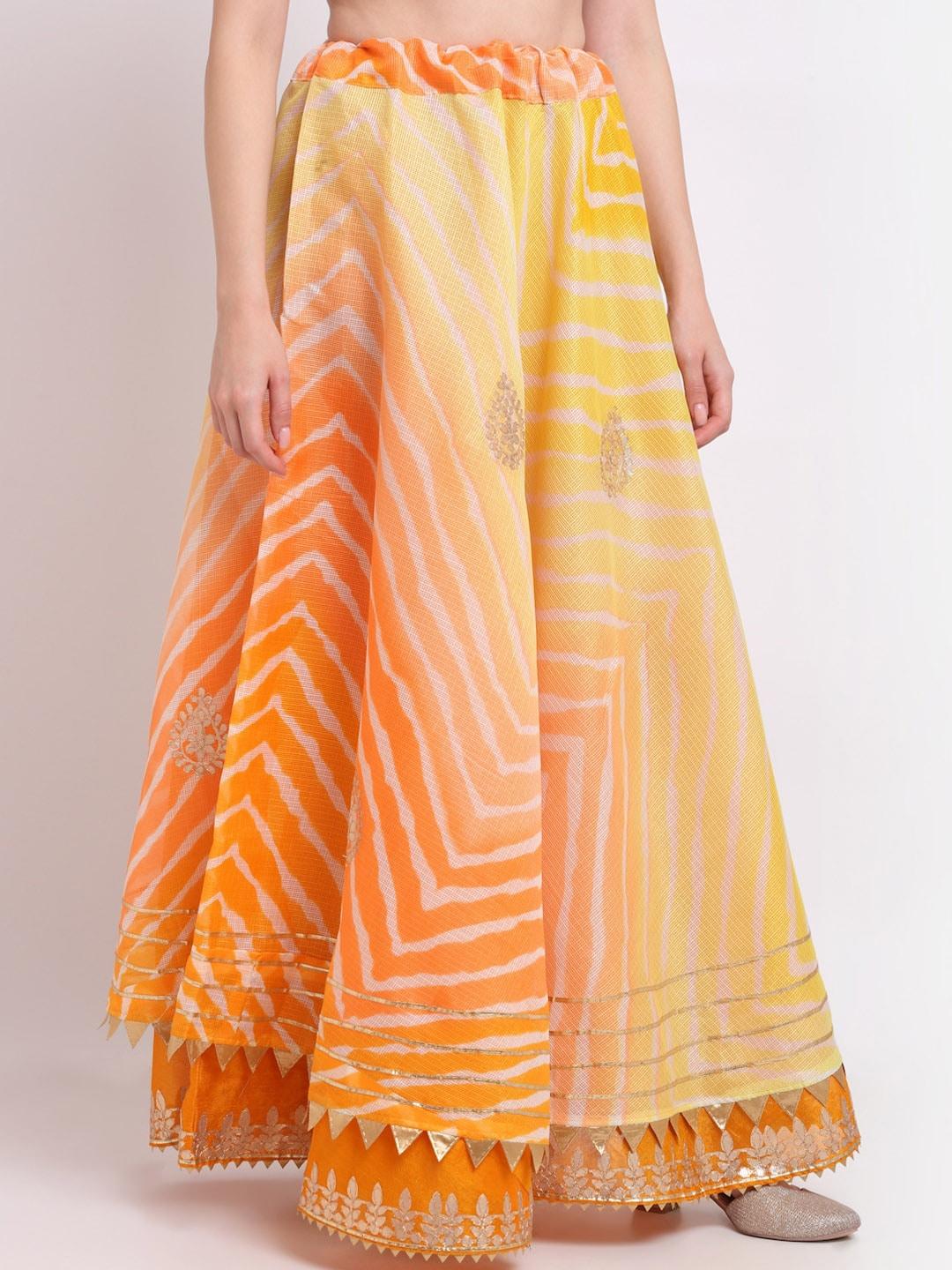 soundarya women yellow & orange dyed flared pure cotton maxi skirt