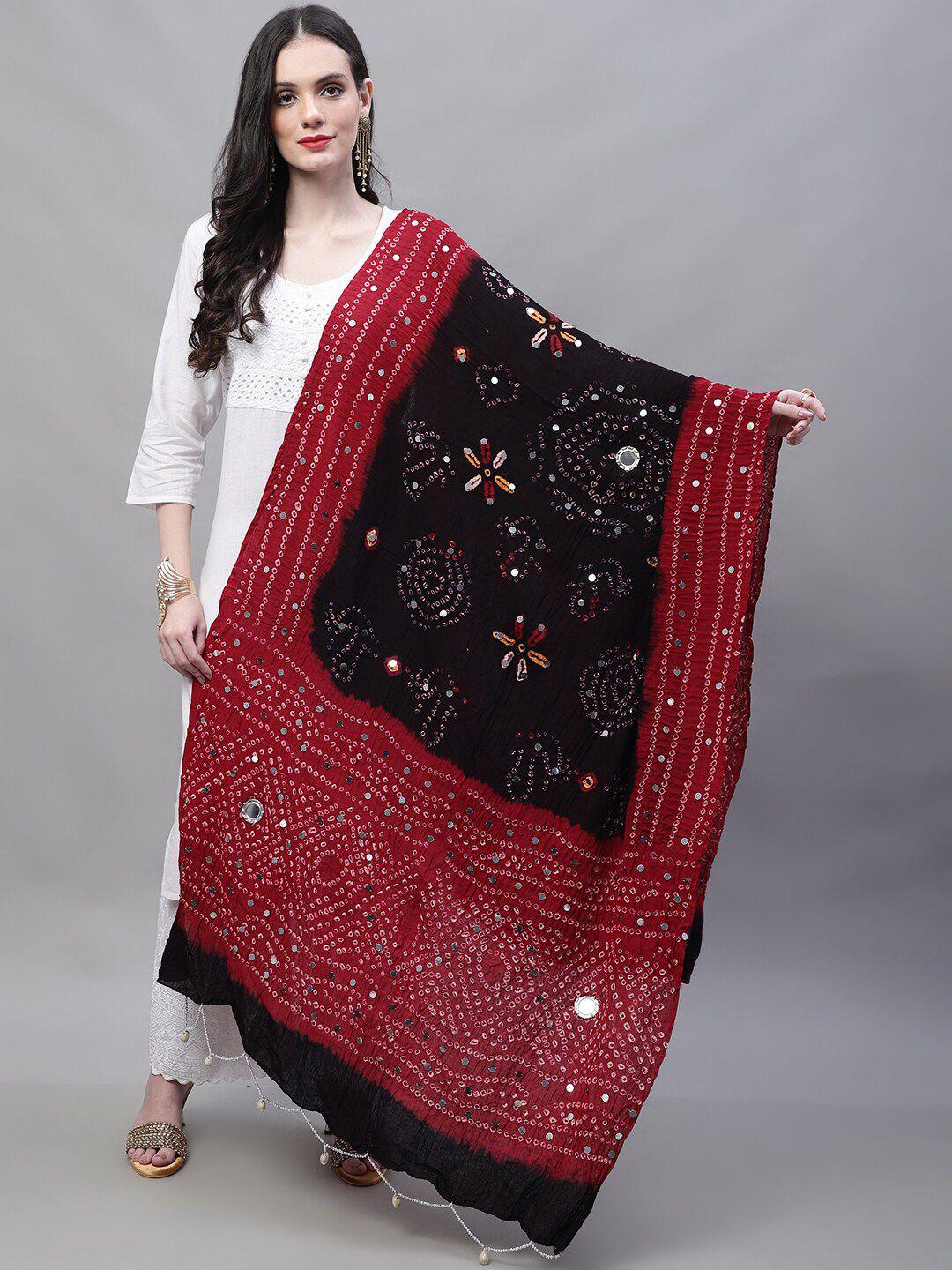 soundarya black & red dyed pure cotton bandhani dupatta with mirror work