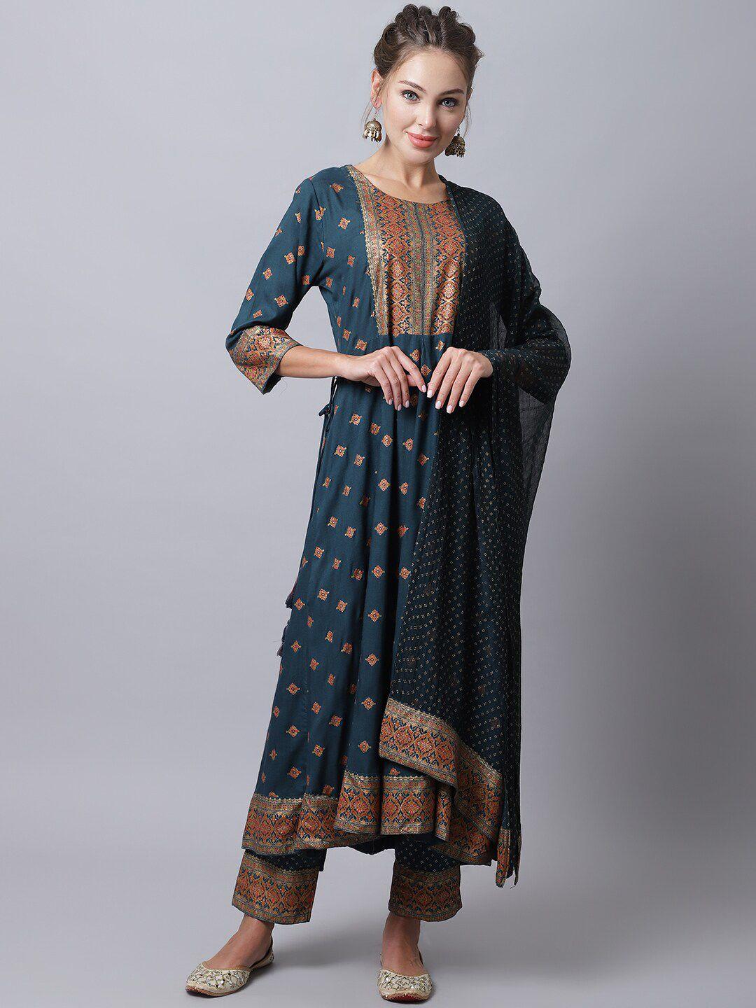 soundarya ethnic motif printed a-line kurta with trousers & dupatta