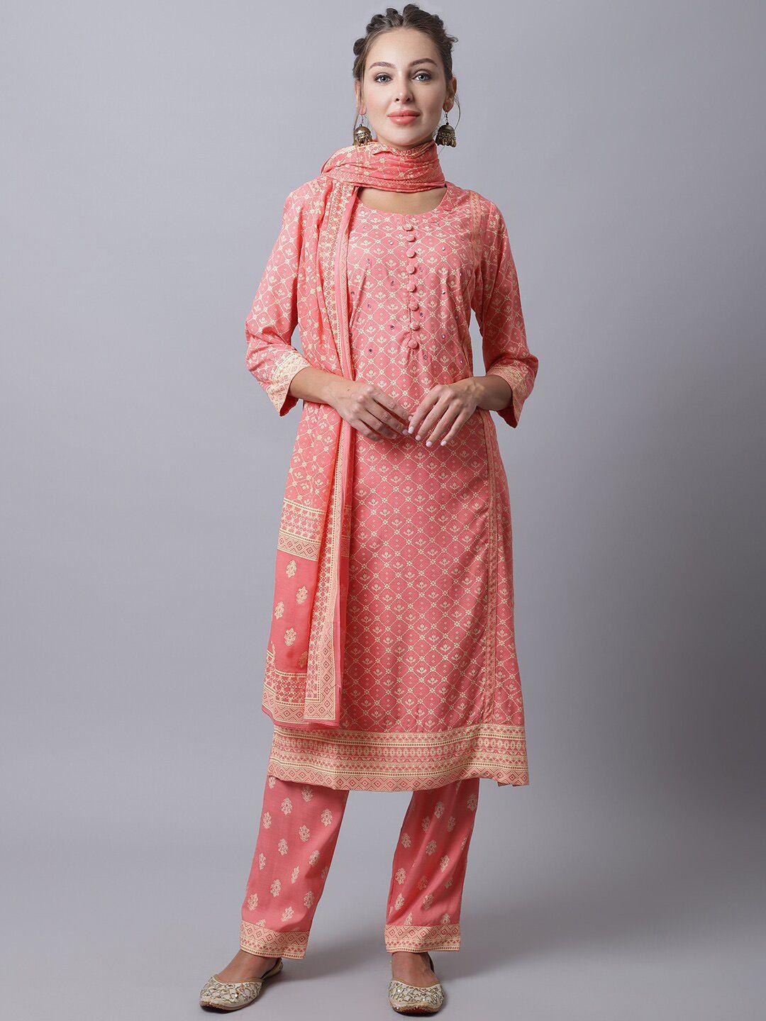 soundarya ethnic motif printed pure cotton mirror work kurta with trousers & dupatta