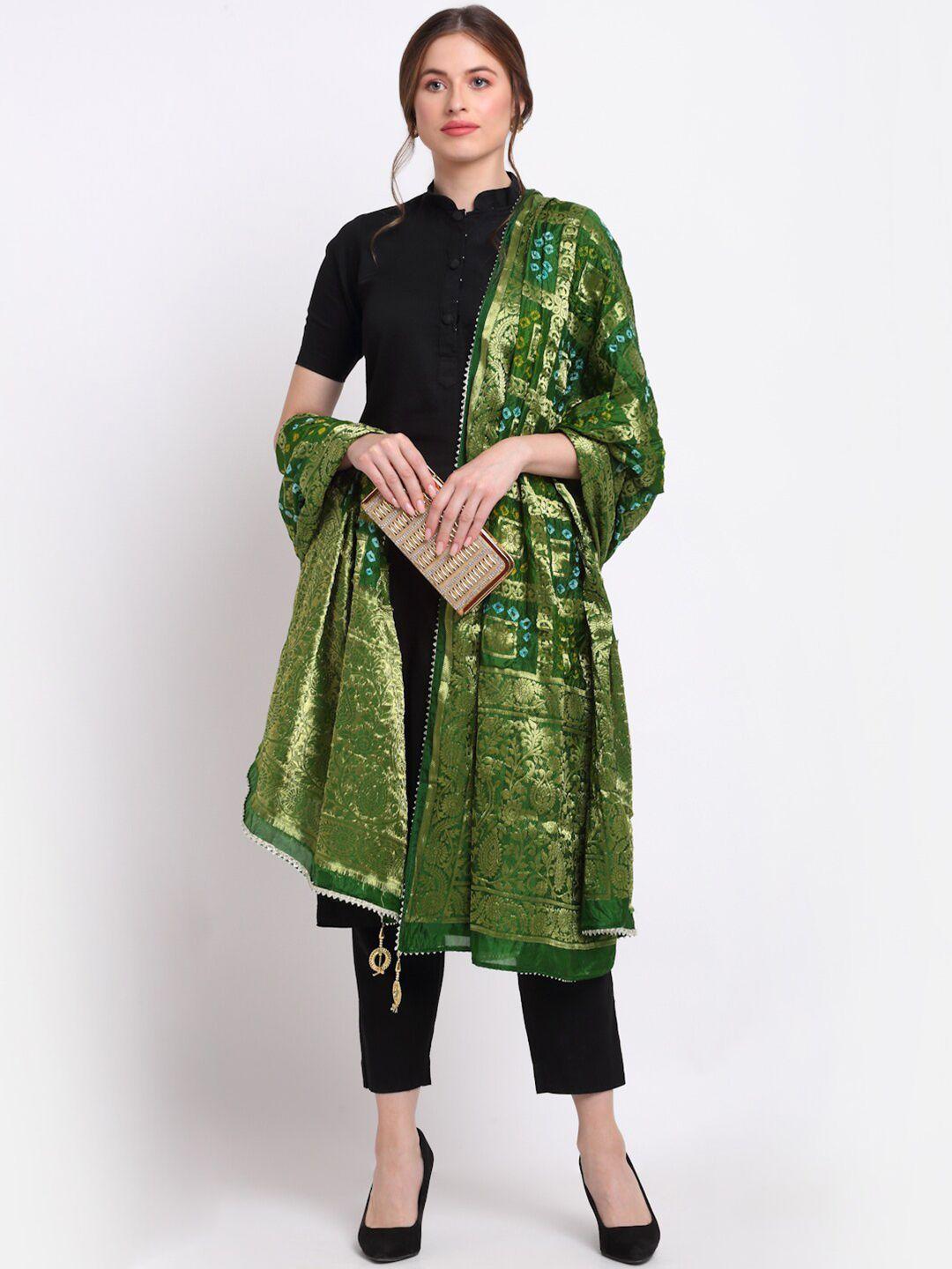 soundarya green & gold-coloured woven design bandhani dupatta with zari