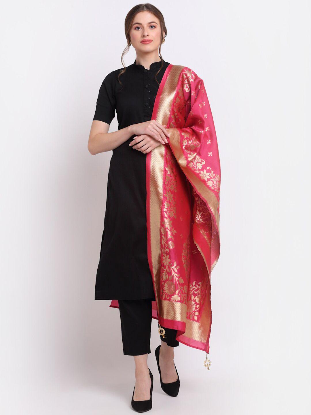 soundarya magenta & gold-toned ethnic motifs woven design dupatta