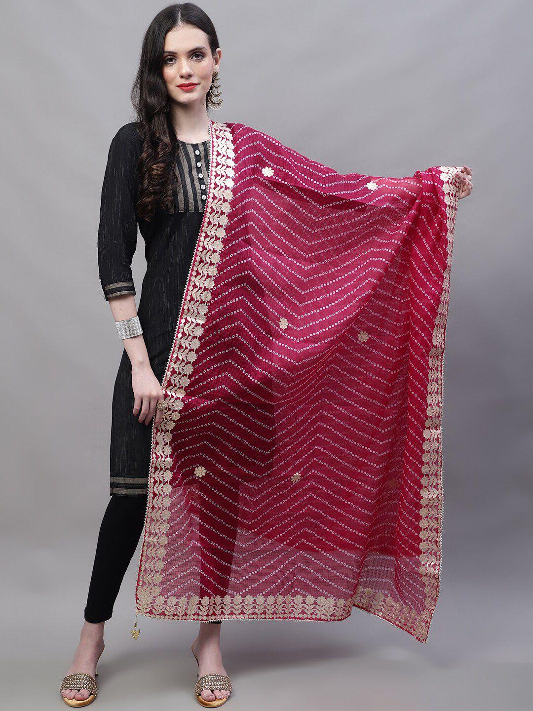 soundarya magenta & gold-toned printed pure cotton dupatta with gotta patti