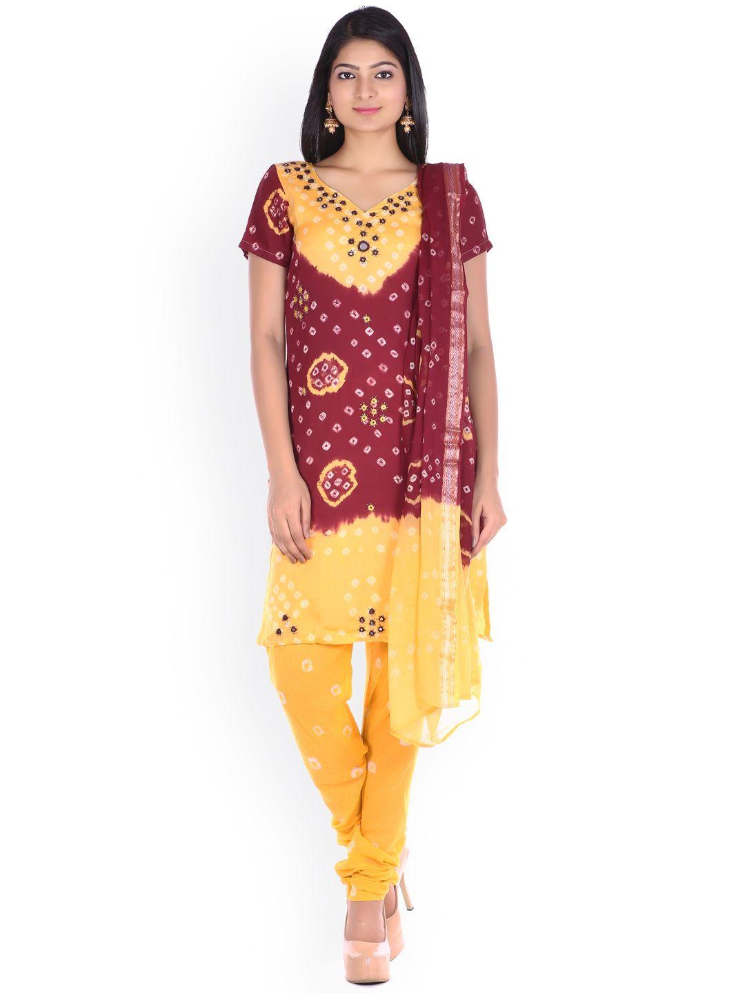 soundarya maroon & yellow bandhani print unstitched dress material