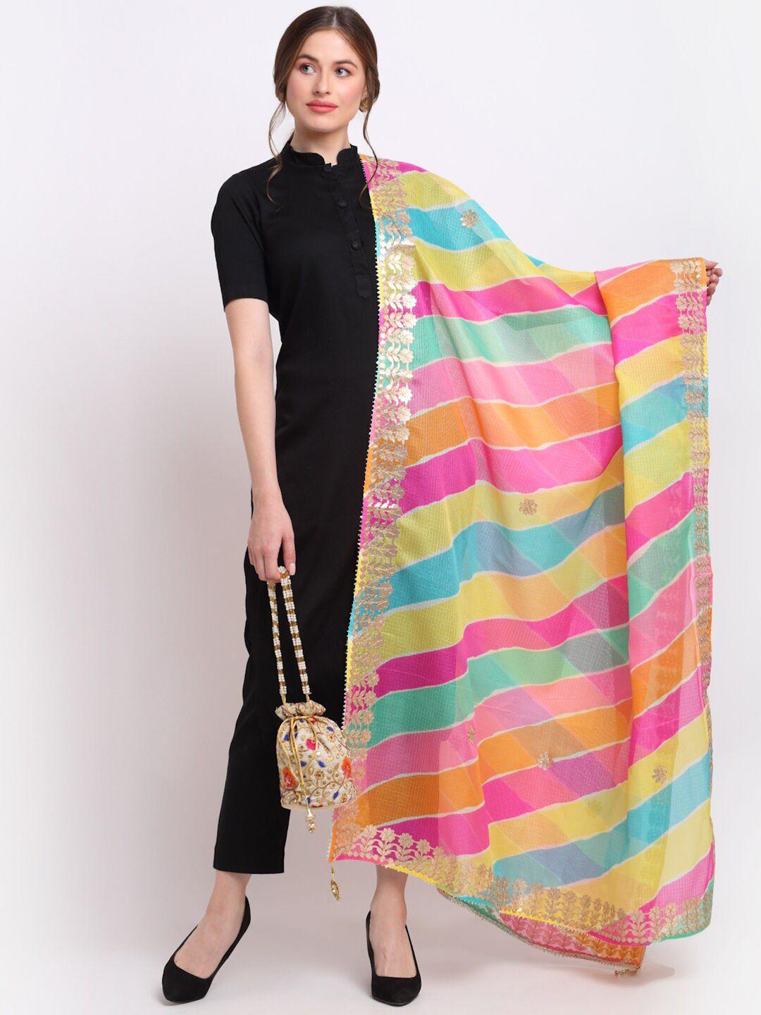 soundarya multicoloured striped pure cotton leheriya dupatta with gotta patti