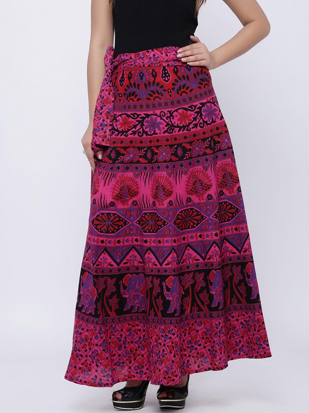 soundarya pink & black printed wrap-around maxi pure cotton skirt