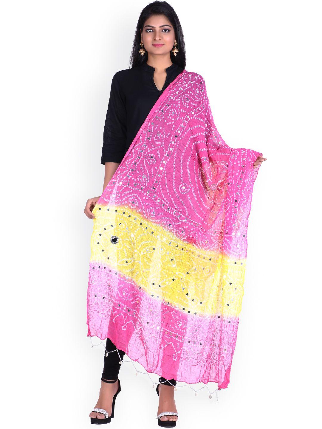 soundarya pink & yellow bandhani print dupatta