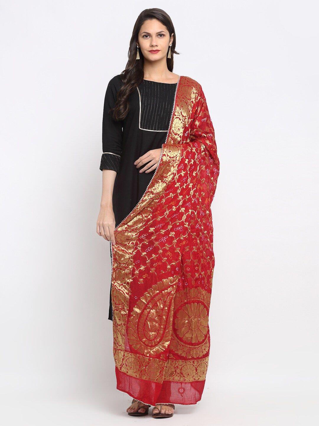 soundarya red & gold-toned woven design dupatta