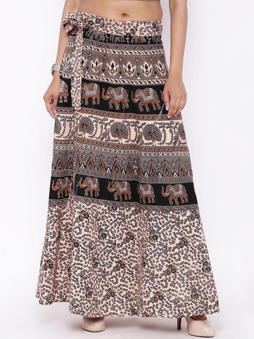 soundarya women beige & black printed flared maxi pure cotton wrap skirt