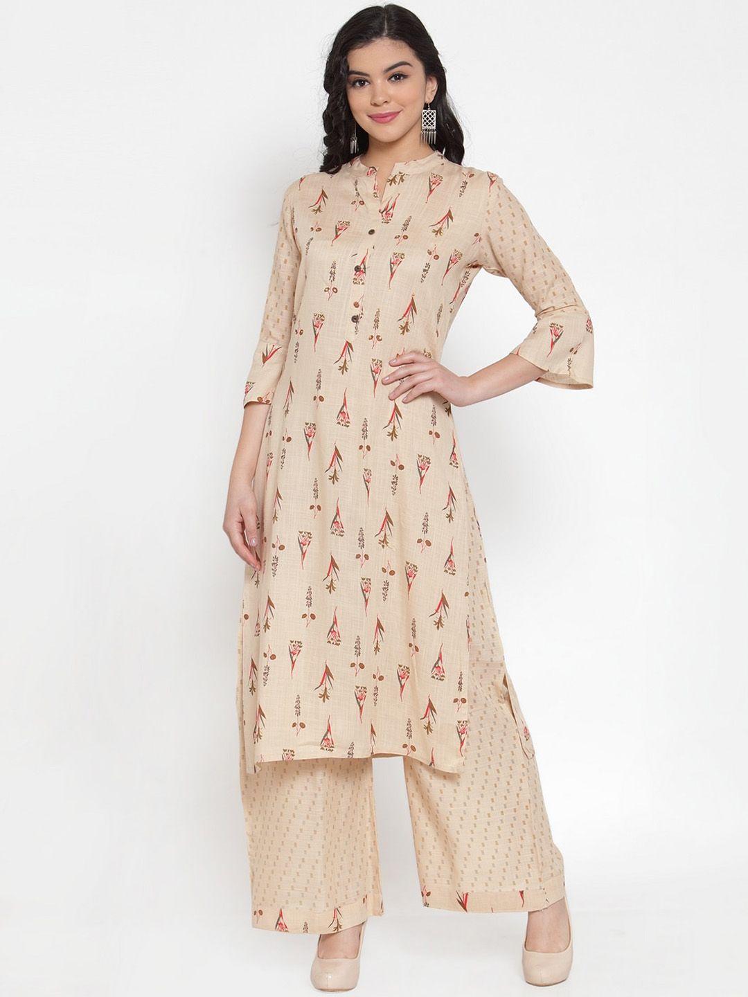 soundarya women beige printed kurta with palazzos