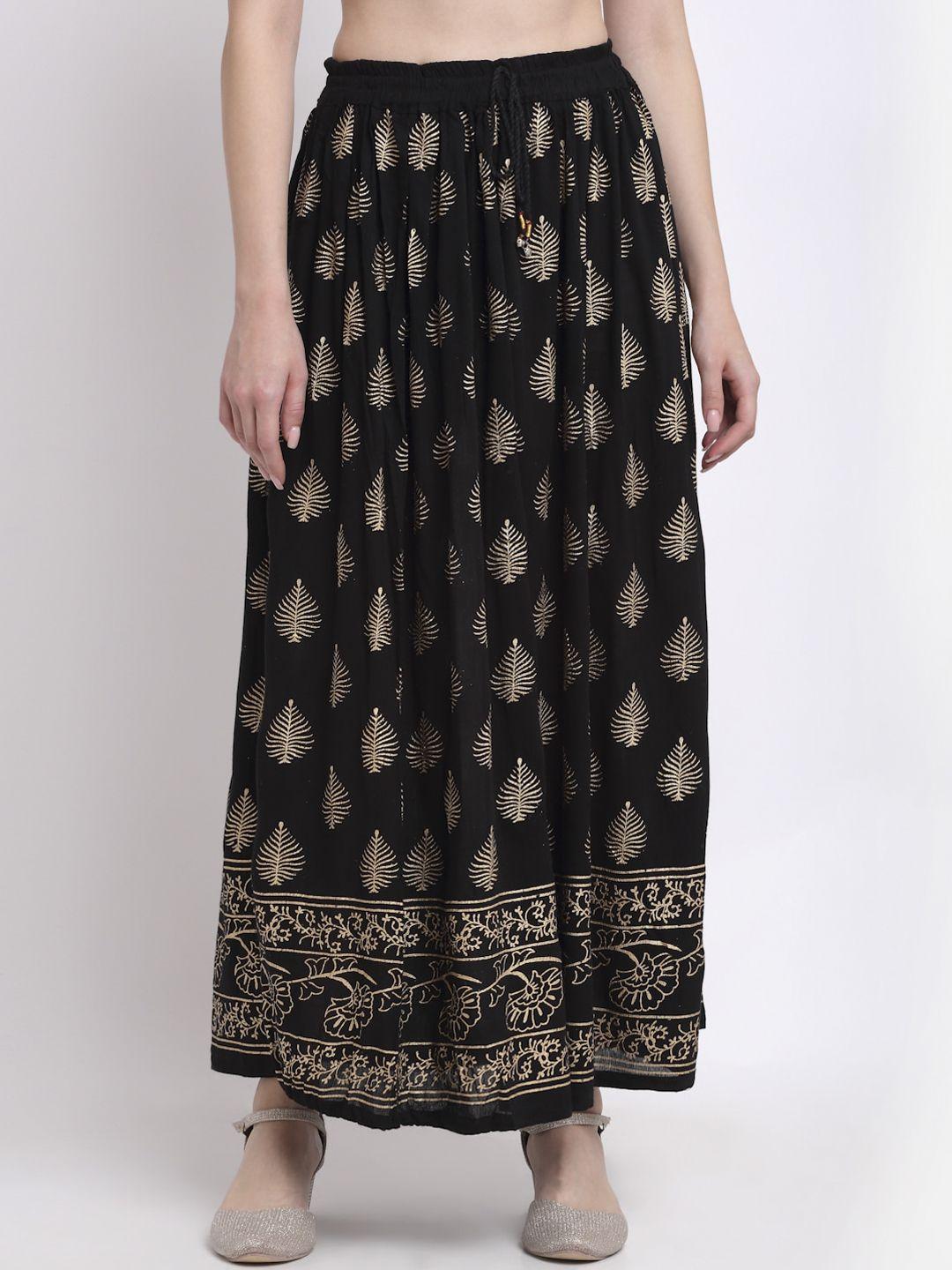 soundarya women black & gold-coloured printed pure cotton maxi skirt