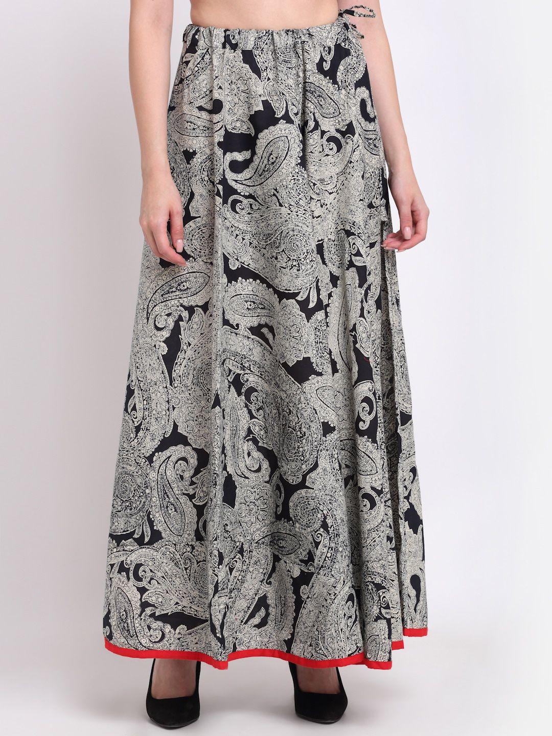 soundarya women black & white paisley printed cotton flared maxi skirt