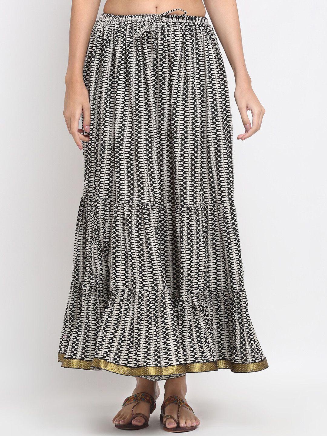 soundarya women black & white printed pure cotton flared maxi skirt