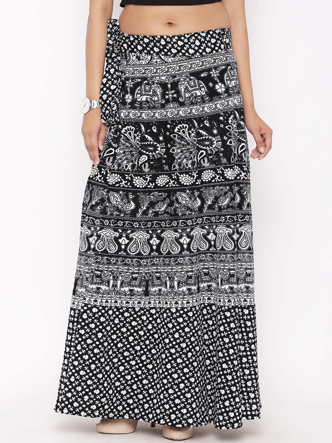 soundarya women black & white printed pure cotton wrap around skirt