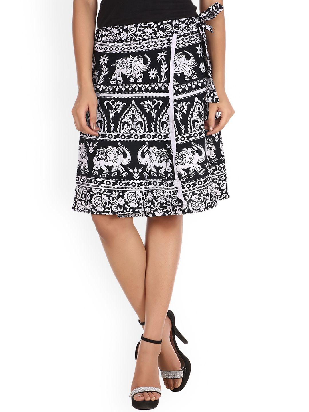 soundarya women black & white printed wrap pure cotton skirt