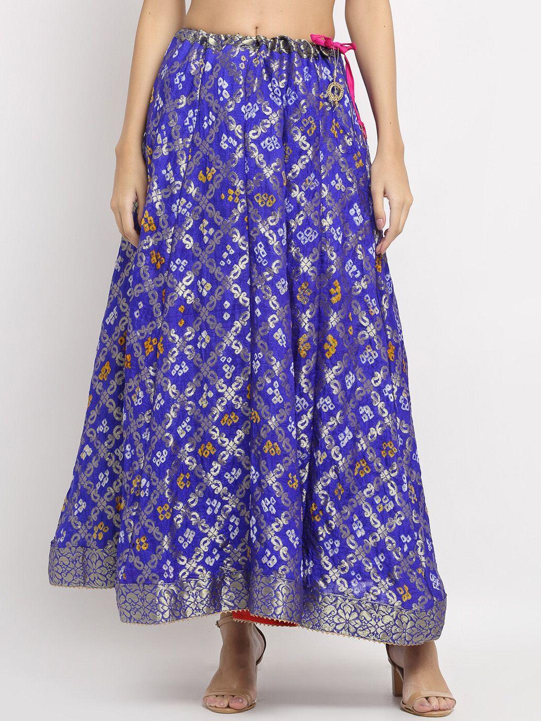 soundarya women blue & golden printed & zari design flared maxi skirt