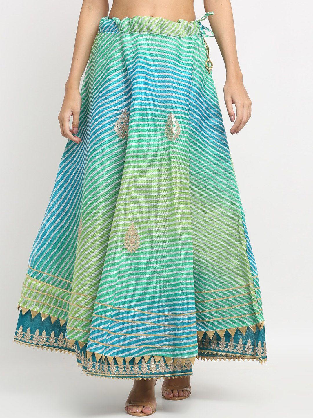 soundarya women blue & green cotton kota doriya leheriya print flared maxi skirt