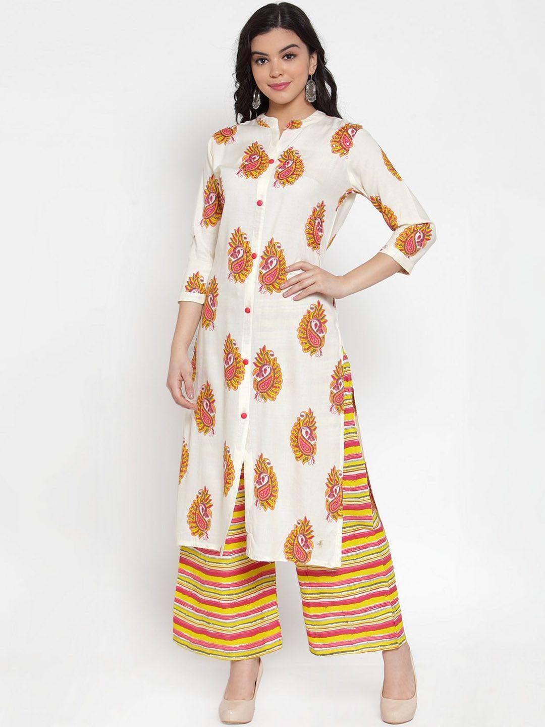 soundarya women cream-coloured printed pleated kurta with palazzos