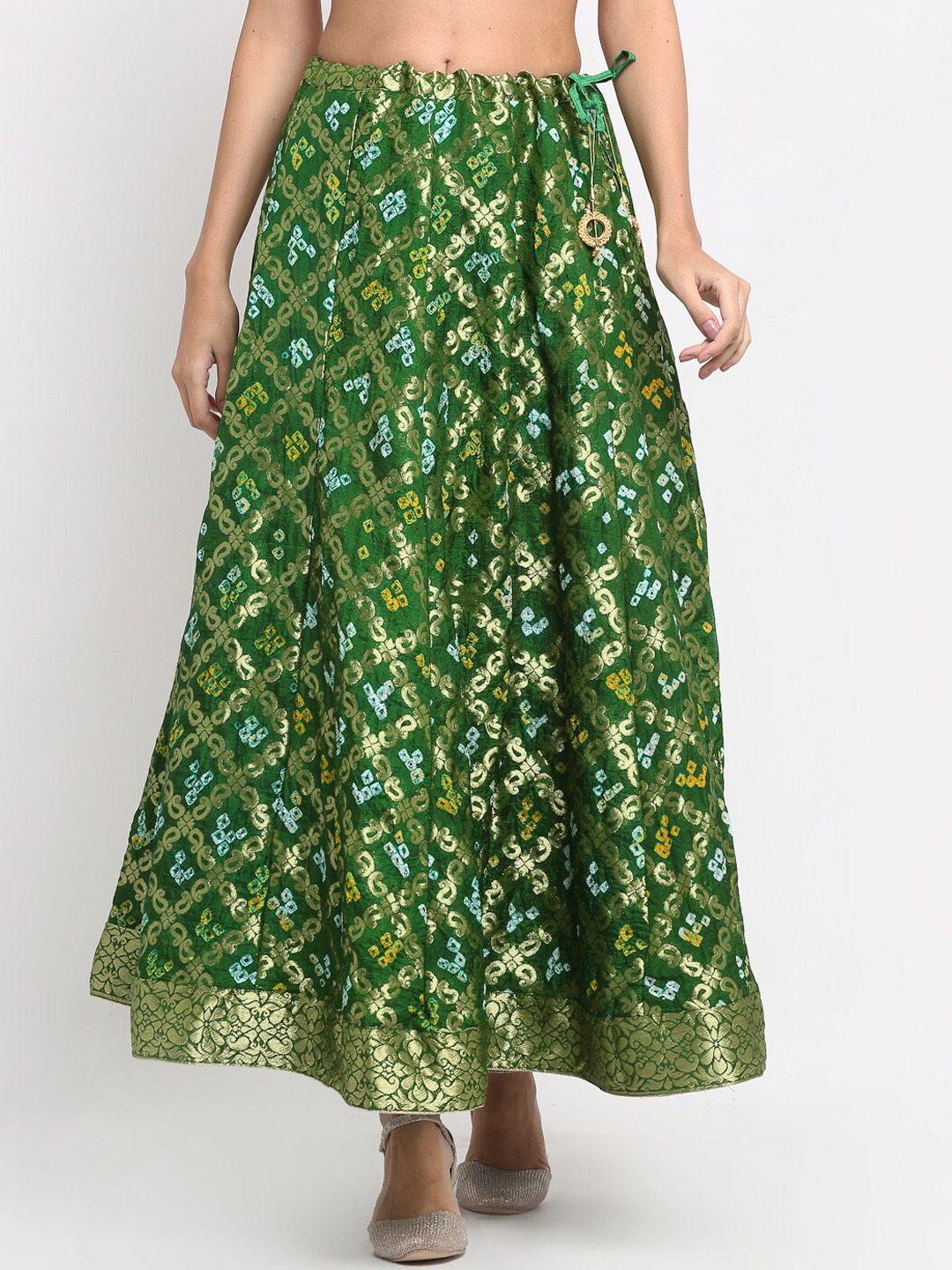 soundarya women green & golden printed & zari design flared maxi skirt