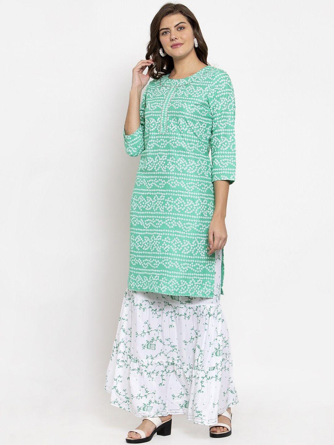 soundarya women green & white printed kurta with skirt