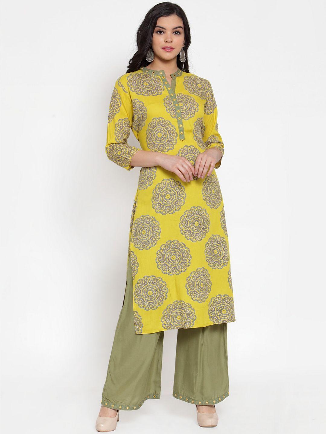 soundarya women lime green & yellow printed kurta with palazzos
