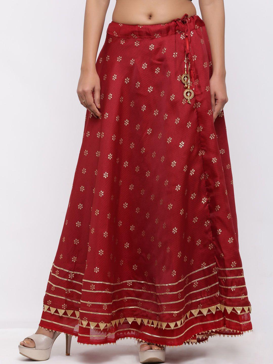 soundarya women maroon & gold-toned printed flared maxi skirt